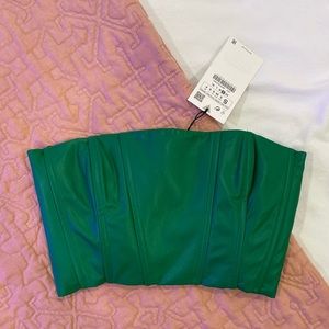zara green leather corset crop top NWT